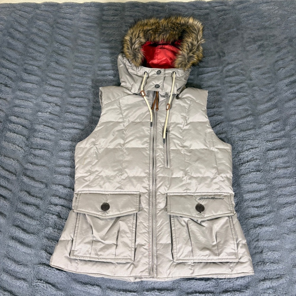 Eddie Bauer Womens Small Taupe Quilted Down Puffer Vest Faux Fur Hood AR916